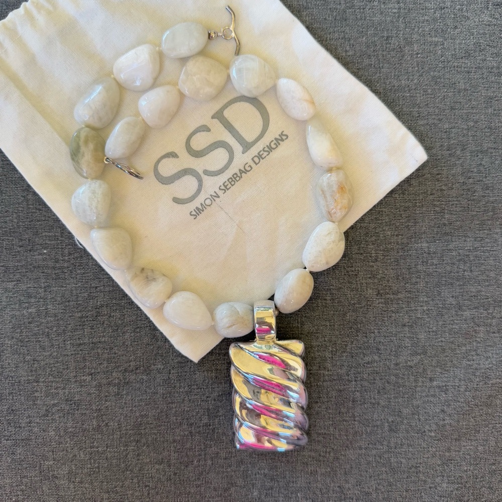 Simon Sebbag Quartz Stone Necklace with Sterling Silver Rectangle Pendant 16.5”
